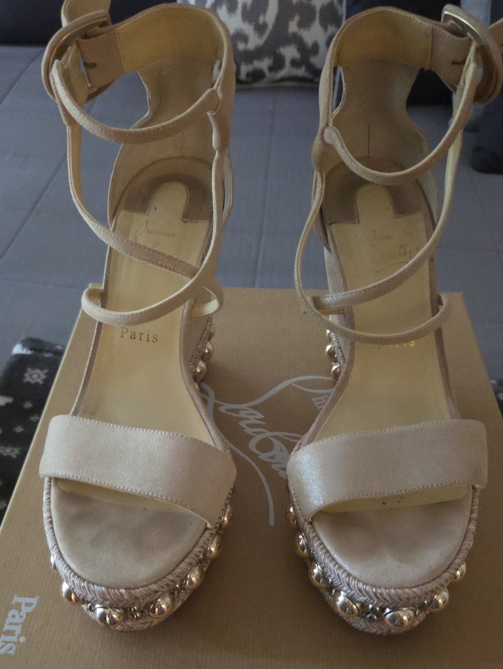 Christian Louboutin Champagne Braided Platform Ankle-Strap Heels